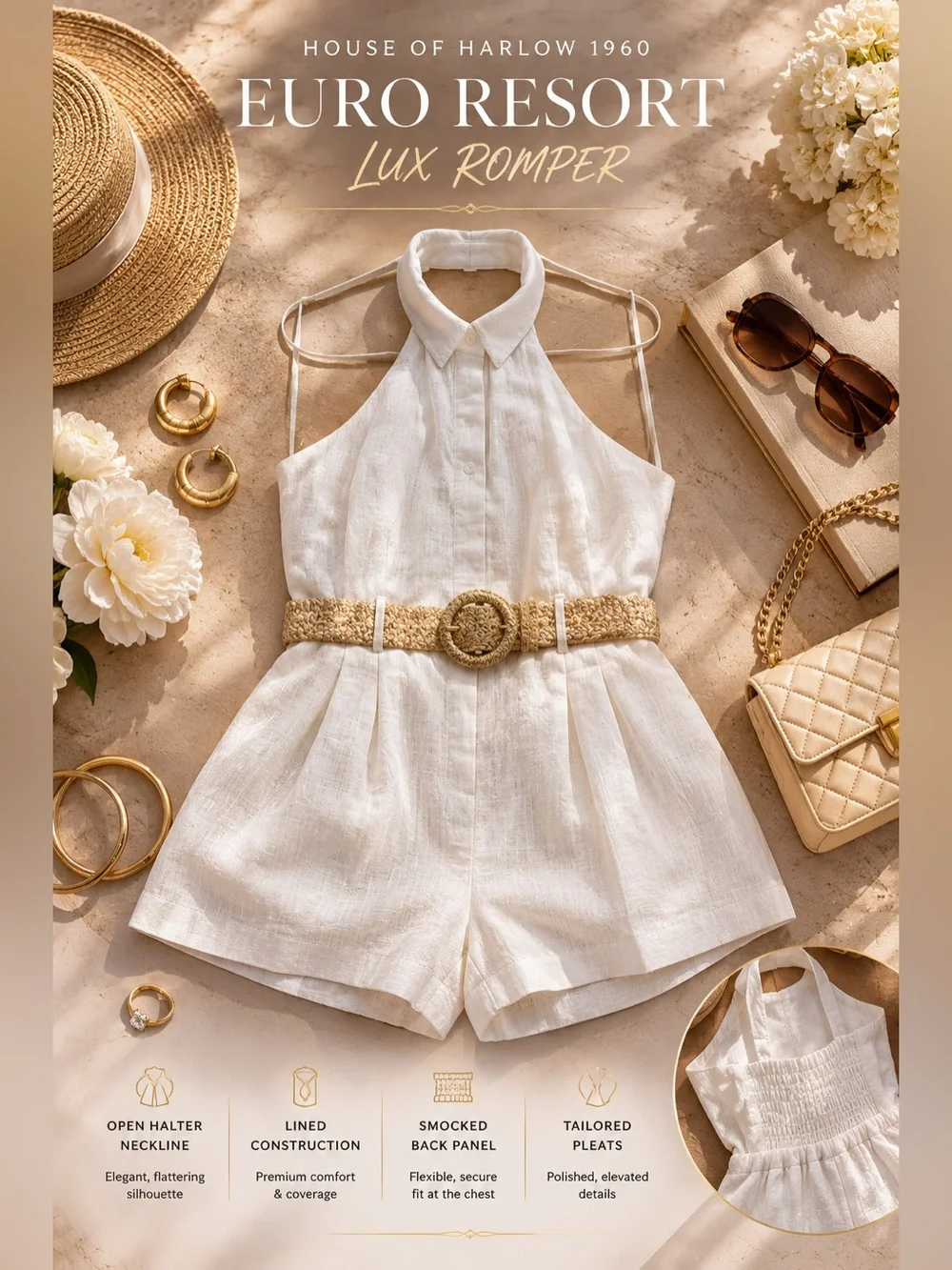 SOLD✨ Rich Girl Summer Romper | House of Harlow 1960 Cream Halter • Euro Resort - Picture 2 of 6